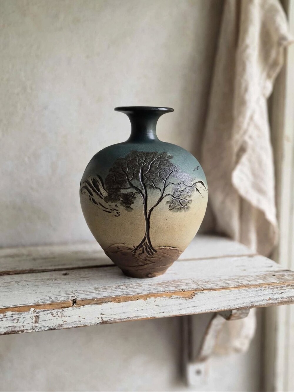 Vintage 1990s Studio Pottery Landscape Vase | Signed Bruce '98 | Rustic Cottagec
